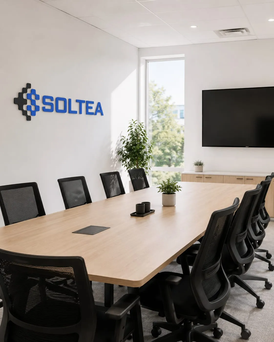 Sala riunioni Soltea, con monitor e logo a parete